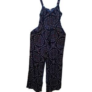 Xhiliration Blue Floral Jumpsuit Strappy Smocked Back Cottage Boho Flared...
